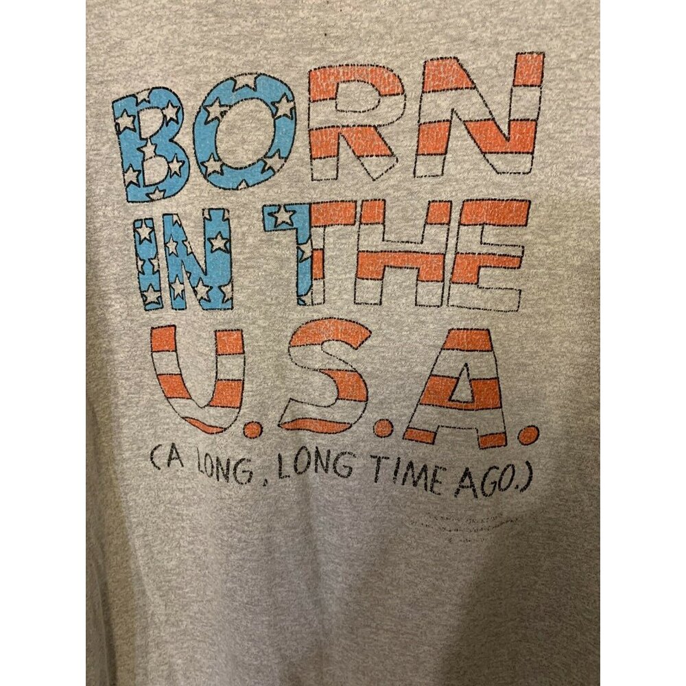 Vtg 80s BORN IN THE USA shoebox t shirt LARGE single stitch Screen Stars Gray‎
